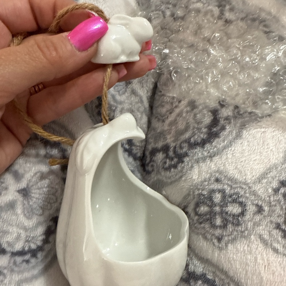 White Ceramic Hanging Gourd Planter with Rabbit Accent